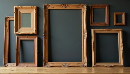 Set of diverse wooden frames against luxury backdrop, styles, furniture