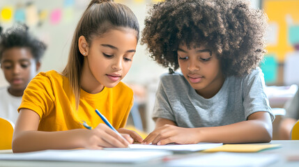 Two young students collaborate on a school assignment in a classroom setting with natural lighting