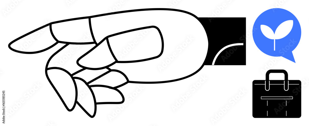 Poster robotic hand gestures with icons of a leaf in dialogue bubble and briefcase, representing innovation