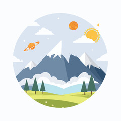 Whimsical Mountain Landscape with Planets and Sky Elements in a Circle Shape Illustration