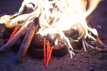Traditional Guatemalan Mayan ceremony with incense, candles and tabaco 