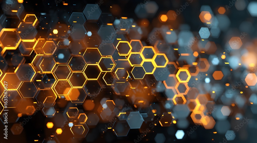 Poster abstract glowing honeycomb structure with dynamic illumination. a modern technological network desig