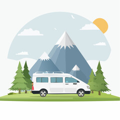 A serene mountain escape: A white campervan amidst nature's grandeur and sunny weather