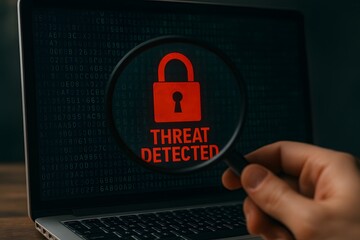 Cyber security threat detection on laptop with magnifying glass concept idea