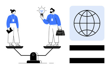 Two professionals balancing on a scale, one presenting an idea while the other holds documents. Globe motif highlights global themes. Ideal for teamwork, equality, innovation, balance, leadership