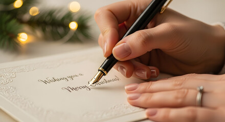 Elegant Close-up of Hands Writing a Christmas Card with a Fountain Pen.

