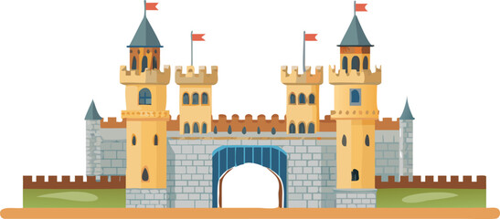 Fototapeta premium castle-style palace gate with stone walls, pointed towers, and a red banner at the top