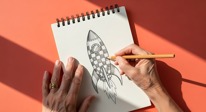 Overhead view of a person drawing a detailed black and white illustration in a spiral bound sketchbook with a pen