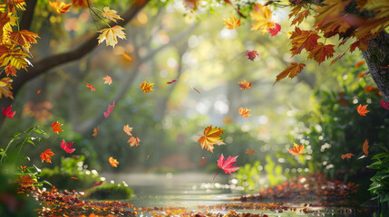 Falling autumn leaves create magical atmosphere near waterfall in forest
