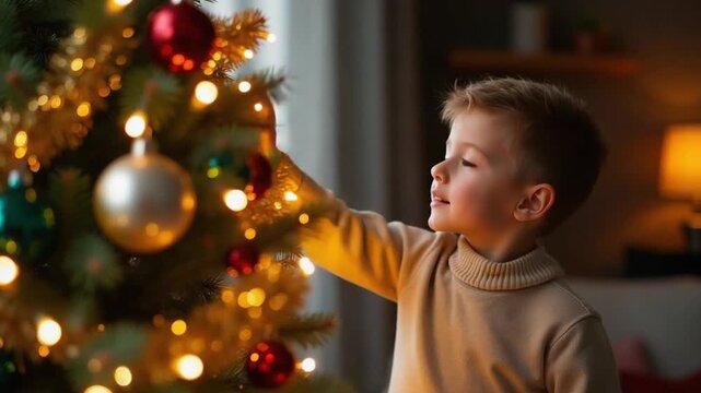 Boy Hanging Ornament on Christmas Tree with Wonder