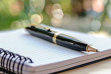 Fototapeta premium Notebook, pen, outdoors, bokeh background, note-taking