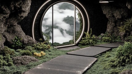 Fototapeta premium A serene interior space featuring a circular window that opens to a lush landscape