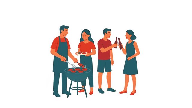 Men friends at bbq party outdoors. Guys gathering for barbeque on summer holiday. People relaxing, cooking barbecue grill meat together.animation looping