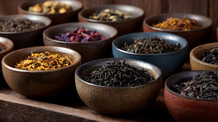 Fototapeta premium Assortment of dried herbal teas and tisanes in small bowls, showcasing a variety of flavors and textures. Preparation for brewing.