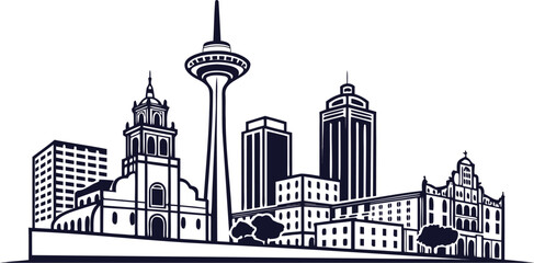 Obraz premium The city skyline is depicted with bold lines, dark black nuances give an elegant urban impression