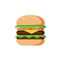 Cartoon illustration of a double cheeseburger with sesame seeds on the bun.