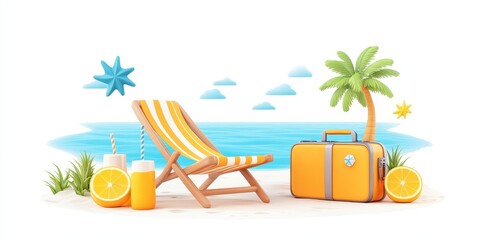Obraz premium Tropical beach vacation cartoon summer illustration. Summer paradise by the ocean. Vacation leisure, relaxation, travel, holiday, tropical getaway, playful cheerful style, tourism, outdoor