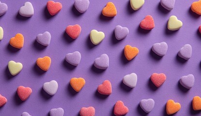 Heart-shaped candies in various pastel colors on a vibrant purple background