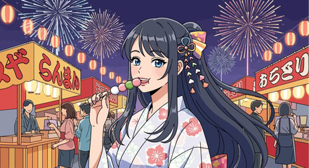 Young Woman In Kimono Enjoys Summer Festival With Dango And Fireworks