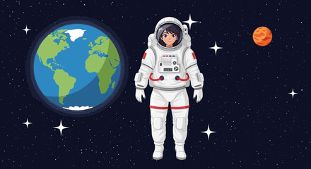 Naklejka premium Young Astronaut Exploring Space Near Earth And Mars Cartoon Illustration