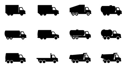 Truck and commercial vehicle icon set. A graphic collection of black silhouettes for freight, delivery, and industrial transport design.