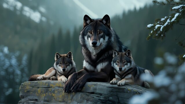 She-wolf with cubs in the wild 