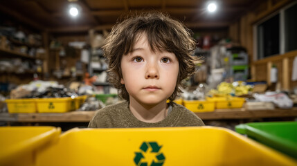A young boy looking thoughtfully towards the viewer, with recycling bins in front of him.
