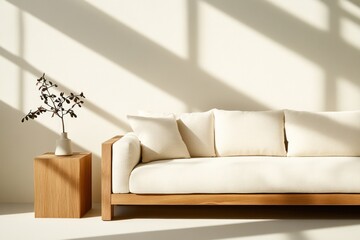 Minimalist interior with sofa wooden accents and sunlight shadows