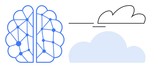 Stylized brain design with network connections linked to abstract clouds. Ideal for technology, artificial intelligence, cloud computing, connectivity, data storage, innovation, and education themes