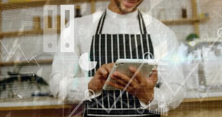 Barista tapping tablet cloud icon and opening analytics while animated charts boosting café sales - Powered by Adobe