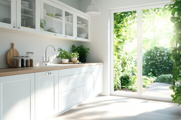 Bright modern kitchen interior with garden view