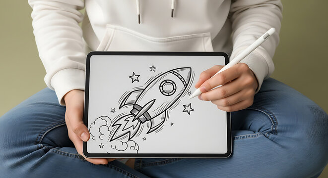 Creative person drawing a rocket ship with stars and flames on a digital tablet with a stylus pen