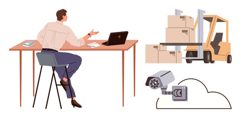 Manager working at desk, forklift moving boxes, cloud surveillance system. Ideal for logistics, inventory, warehouse, productivity, security business operations remote technology. Simple flat