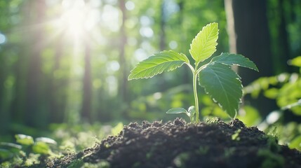 Emerging life seedling breaking through soil into sunlight in forest environment