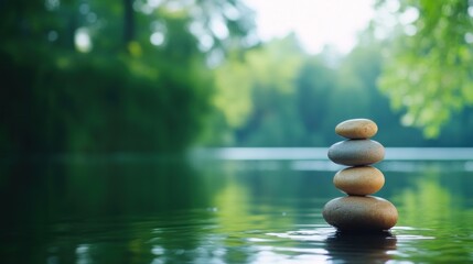Balanced stone stack on water surface reflecting greenery tranquil nature