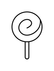 Simple black and white line drawing of a swirl lollipop on a stick.