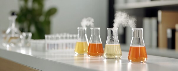 Chemical reaction in science laboratory with beakers and vapor