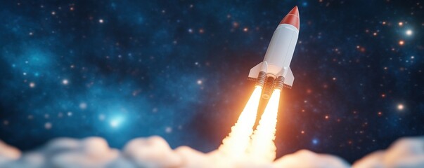 Rocket launching into starry sky representing space exploration and technological advancement