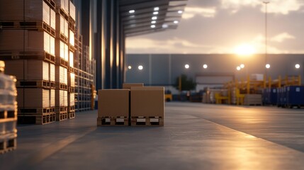 Cardboard boxes stacked on pallets for shipping in a warehouse at sunset