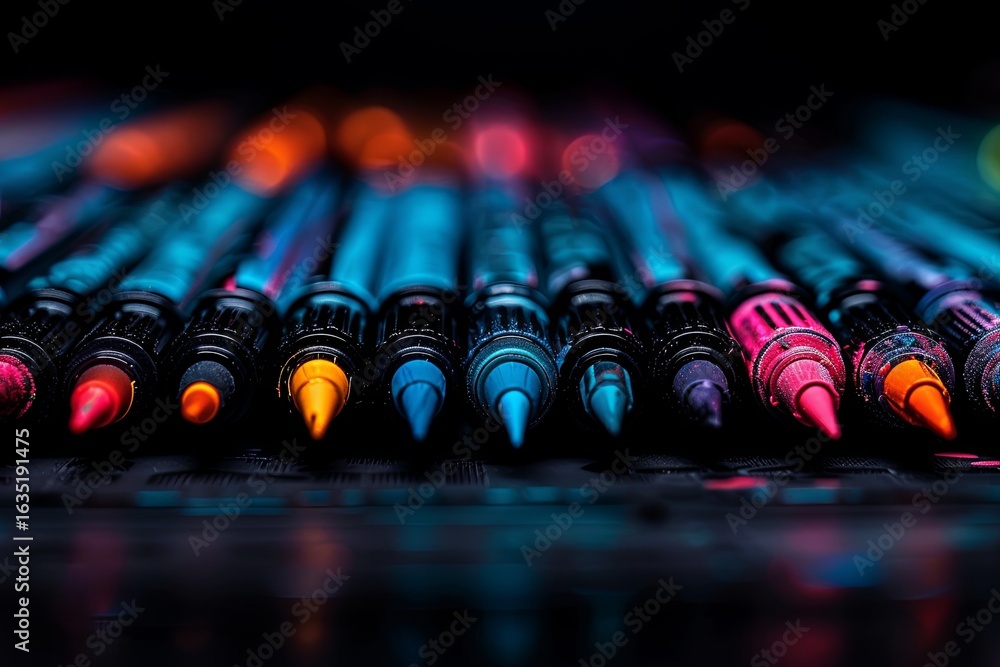 Poster various colorful markers lie scattered on a dark surface, creating a mysterious and dramatic atmosph