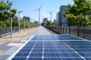 Fototapeta premium Sustainable energy with solar panel and wind turbines in urban landscape