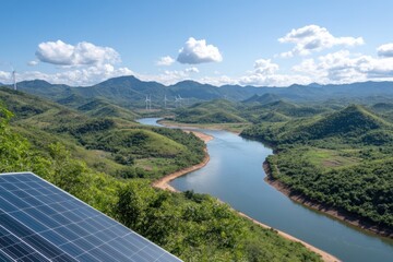 Renewable energy landscape solar panel wind turbines green hills river