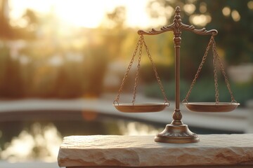 Symbolic balance scales of justice object in warm sunlight