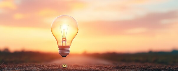 Bright idea innovation light bulb on land at sunset energy efficiency and sustainable solutions