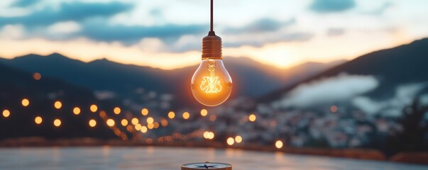 Illuminated lightbulb against mountain and cityscape at sunset idea innovation energy