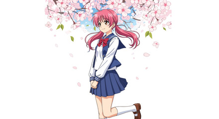 Anime Girl In School Uniform With Cherry Blossom Background