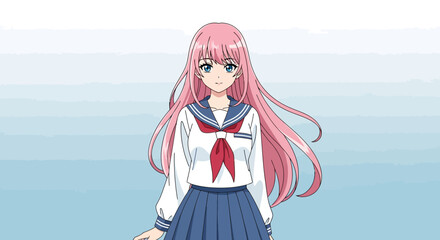 Attractive Anime Girl In School Uniform With Long Pink Hair