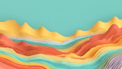 Abstract layered landscape of undulating, colorful,  smooth,  papery forms against a pastel teal backdrop