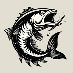 Obraz premium Aggressive black and white illustration of a predatory fish lunging for bait with sharp teeth and open mouth