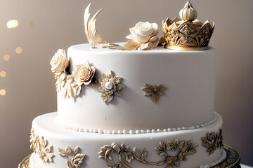 A close-up of a designer cake with white icing, decorated with a golden crown made of decorative chocolate, pearls and patterns in the style of 18th century decor.